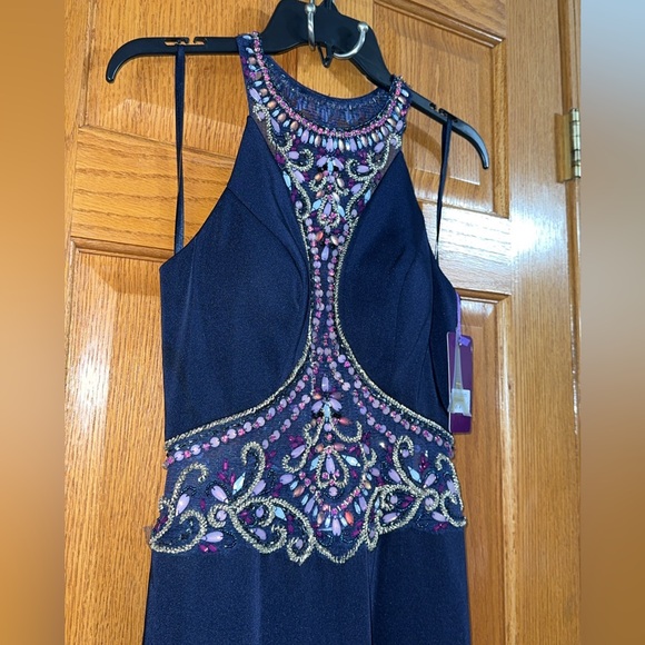 Abby Paris Formal Dress Size 8 Navy Blue Beaded Waist Train Gown AUTHENTIC NWT - Picture 9 of 15